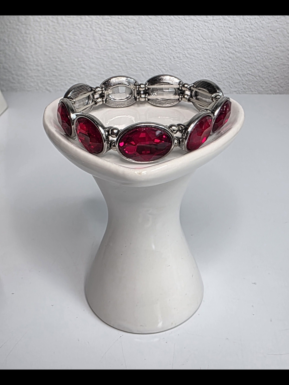 Silver Stretch Bracelet with Deep Red Oval Stones